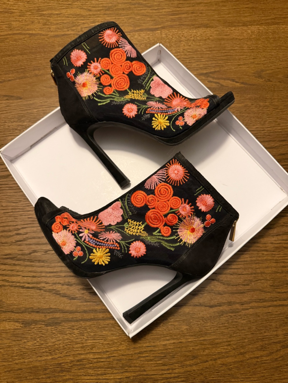 Jessica Simpson JS-Pascall black Embroidered Floral Peep-Toe Stiletto Booties